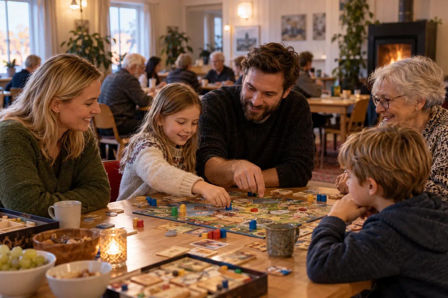 Barn og voksne samlet rundt et brettspill